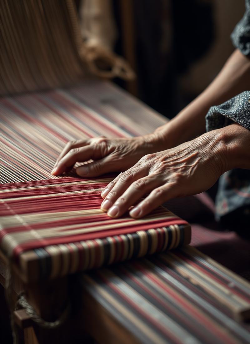 Elder Nepali weaver's hands at a traditional floor loom